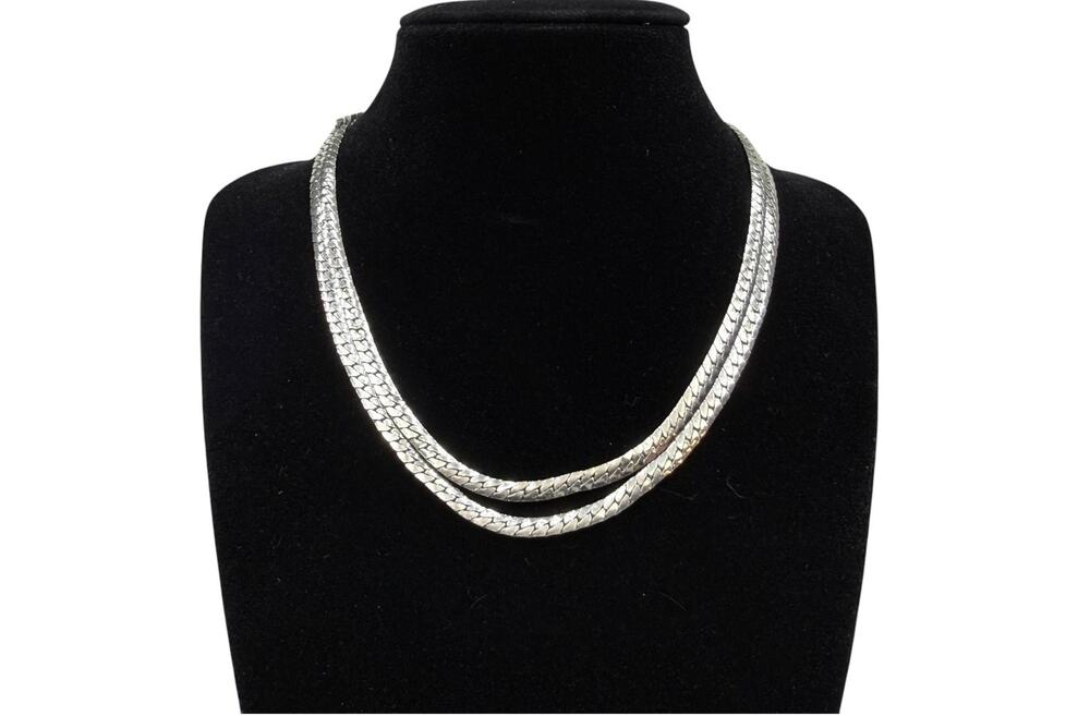 VTG Silver Tone Double Strand Snake Chain Necklace Chunky Statement Jewelry 15"